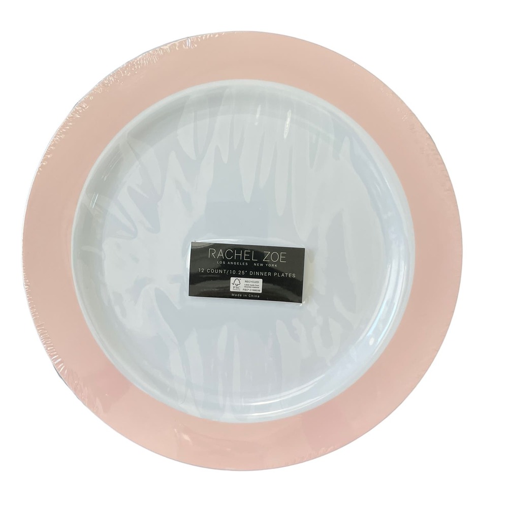 RACHEL ZOE Posh Pink & White Disposable Round Dinner Plates Set of 12 NEW